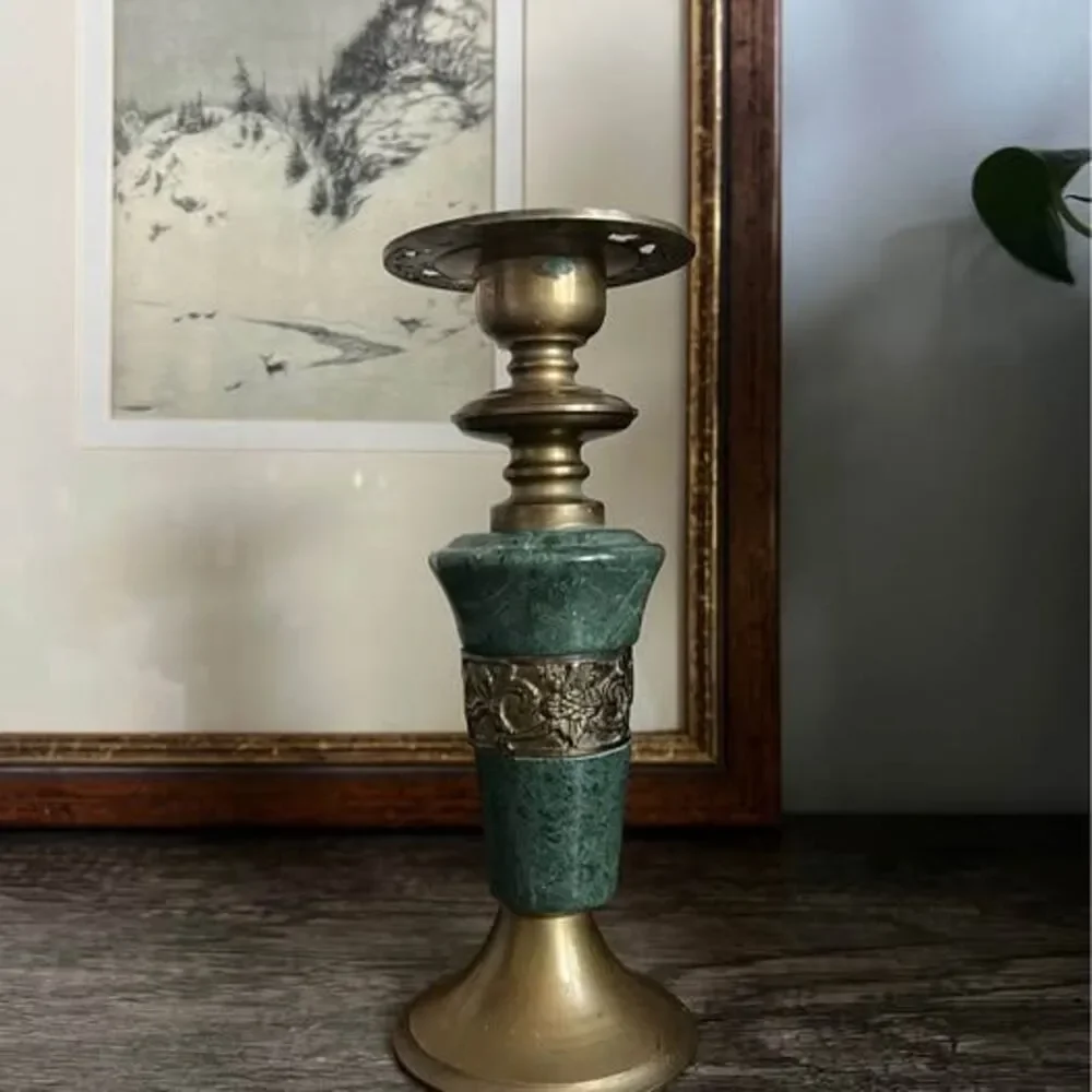 Vintage Green Marble and Brass Candle Holder - needs repair